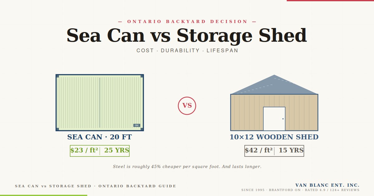 Sea can vs storage shed Ontario backyard guide - Van Blanc Brantford