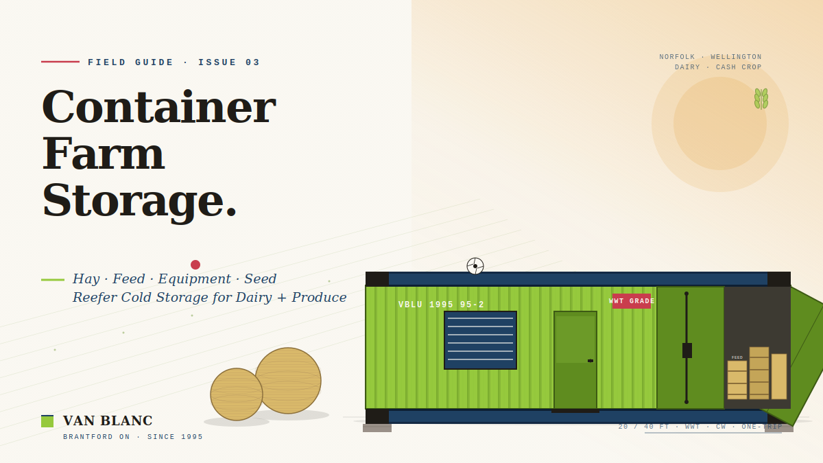 Shipping container farm storage Ontario with hay bales, feed pallets visible inside, WWT grade for dairy and cash crop operations, Van Blanc Brantford