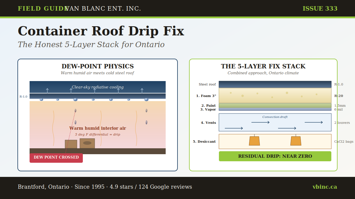 Cross-section diagram showing shipping container roof dew-point condensation drip and the Van Blanc 5-layer fix stack: closed-cell spray foam R-20, anti-condensation paint, vapor barrier, passive louver vents, calcium chloride desiccant bags - Ontario climate field guide - Brantford