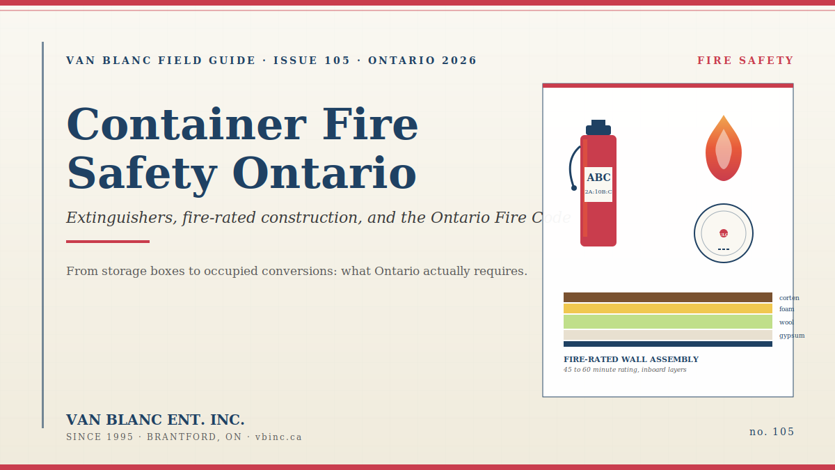 Container fire safety Ontario field guide hero with fire extinguisher, flame, smoke alarm, and fire-rated wall section