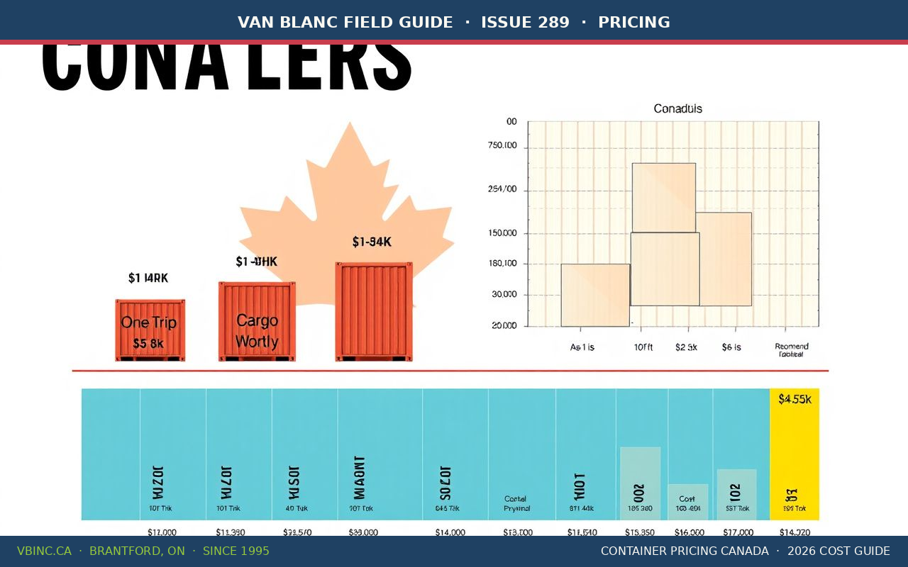 Container Pricing Canada price ladder showing One-Trip, Cargo Worthy, Wind and Watertight and As-Is bands across 10ft to 40ft sizes - Van Blanc Brantford