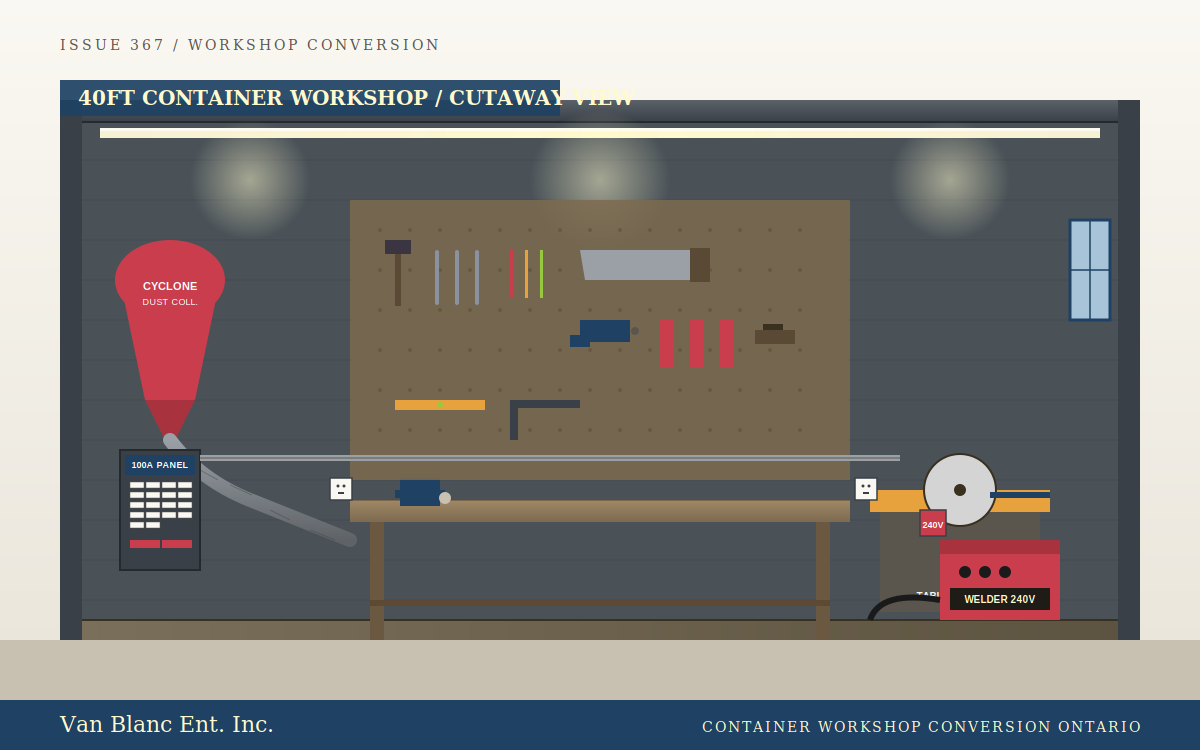 Editorial illustration for Container Workshop Conversion Build Ontario, Van Blanc field guide