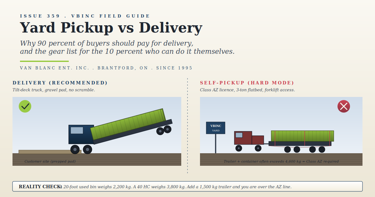 Split comparison panel - tilt-deck delivery truck at customer site versus customer self-pickup with overloaded flatbed - Van Blanc Brantford Ontario