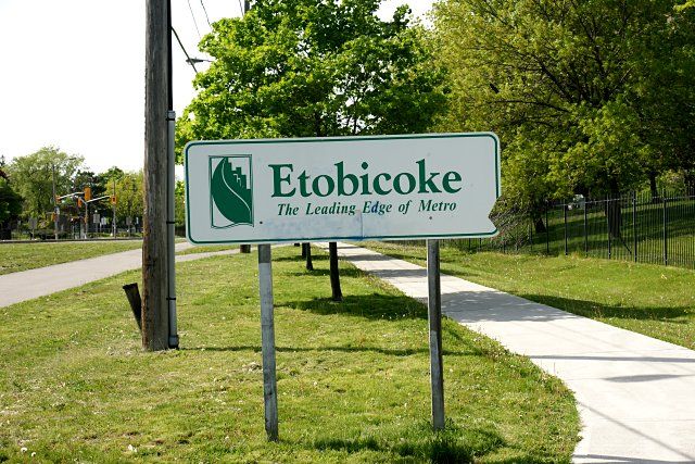 Etobicoke, Ontario sign in west Toronto; Van Blanc delivers shipping containers into Etobicoke and the western GTA.