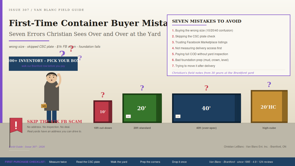 Confused first-time shipping container buyer with measuring tape, question marks over four containers (10ft, 20ft, 40ft, 20ft HC), seven-mistake checklist, $1k Facebook scam warning flag - Van Blanc Ent. Inc. Brantford Ontario