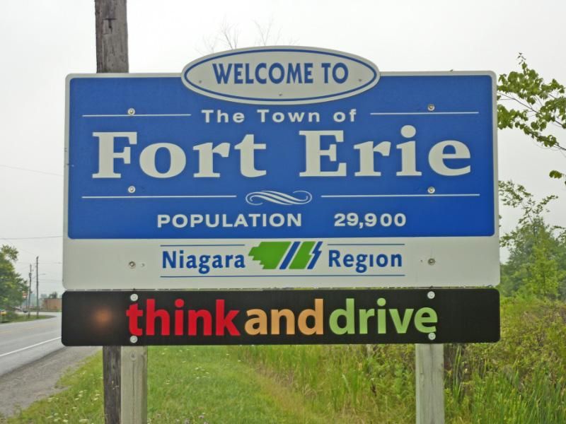 Fort Erie, Ontario welcome sign near the Peace Bridge; Van Blanc supplies shipping containers across the Niagara border region.