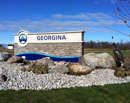 Georgina, Ontario sign on Lake Simcoe's north shore; Van Blanc delivers sea cans to Keswick, Sutton, and the Georgina area.