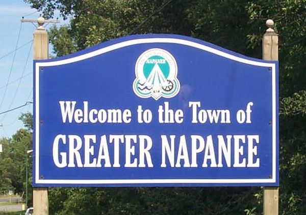 Greater Napanee town sign in eastern Ontario; Van Blanc supplies shipping containers along the Highway 401 corridor.