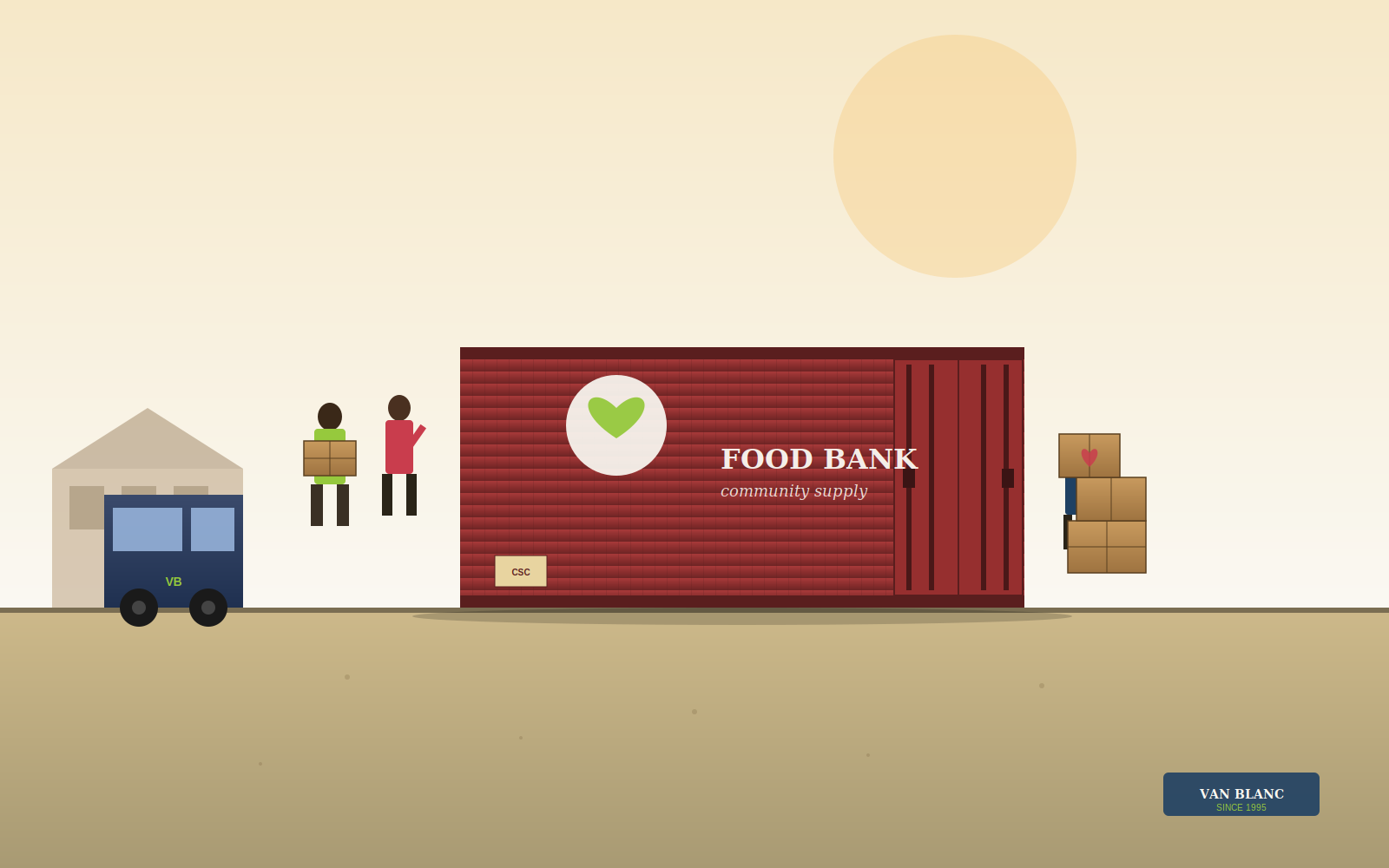 Food bank delivery truck dropping shipping container with donated-goods boxes and community volunteers - Van Blanc Brantford