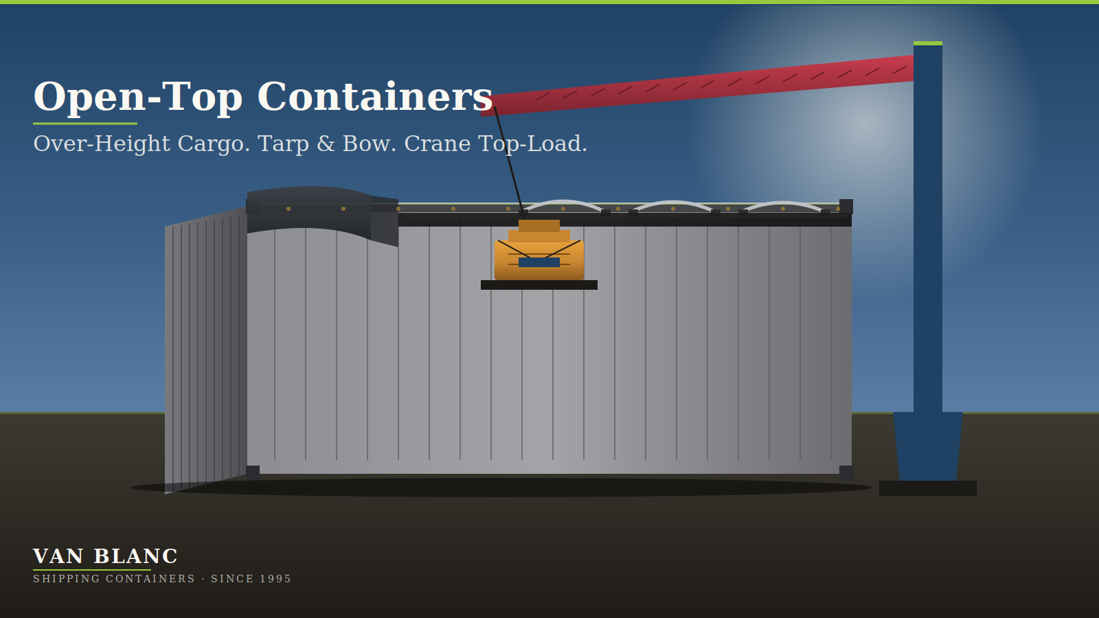 Open top shipping container with tarp roof and removable bows - Van Blanc Brantford