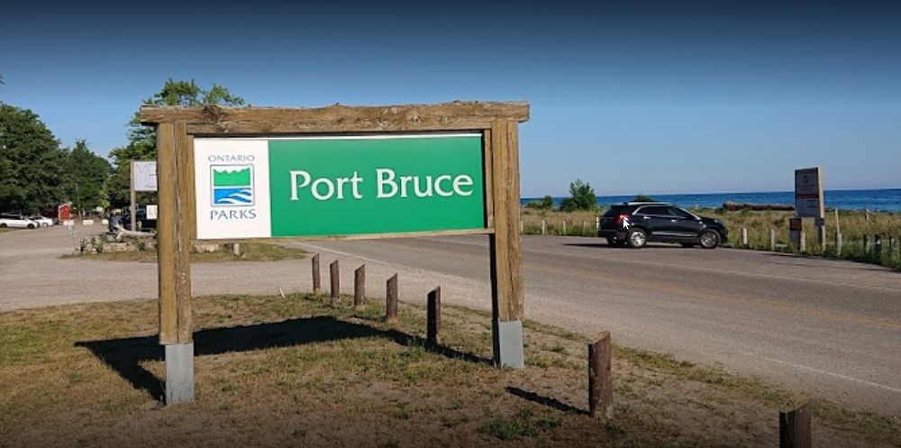 Port Bruce, Ontario sign on the Lake Erie shore; Van Blanc delivers shipping containers to Port Bruce and Elgin County.