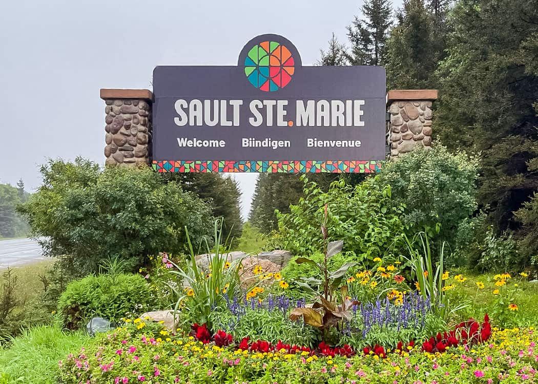 Sault Ste Marie city sign in the Algoma District; Van Blanc freights shipping containers to the Sault and Northern Ontario.