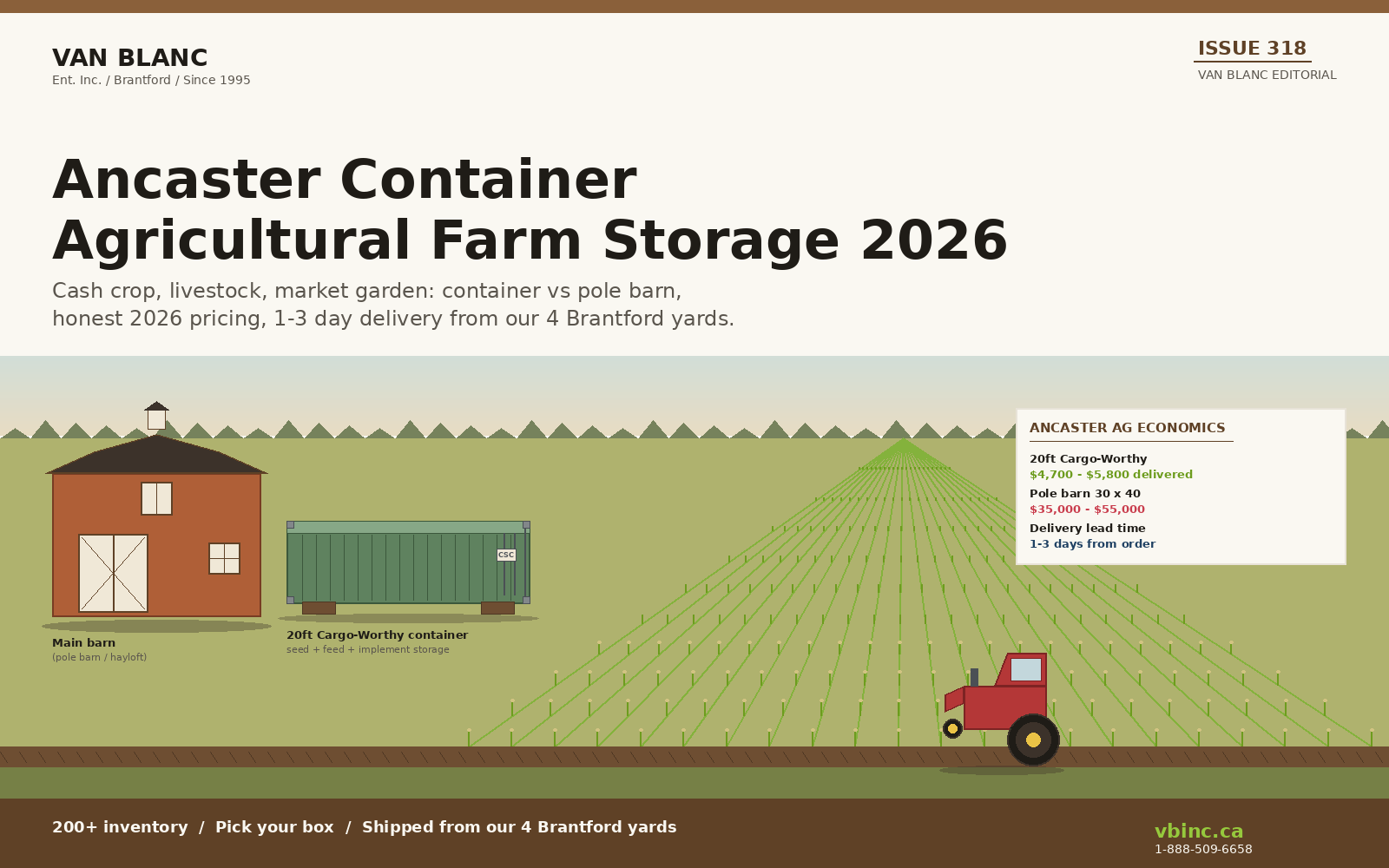 Ancaster Ontario working farm with red barn, 20ft Cargo-Worthy shipping container in field corner, tractor and corn rows - agricultural seed and feed storage from Van Blanc Brantford