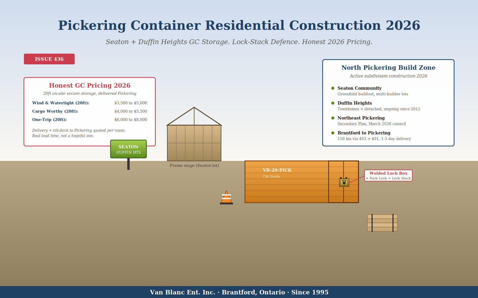 Pickering subdivision construction with wood-framed house at frame stage and 20ft cargo-worthy shipping container fitted with welded lock box for secure on-site storage, Seaton and Duffin Heights highway sign, construction-orange safety cone, lumber bundle - Van Blanc Brantford