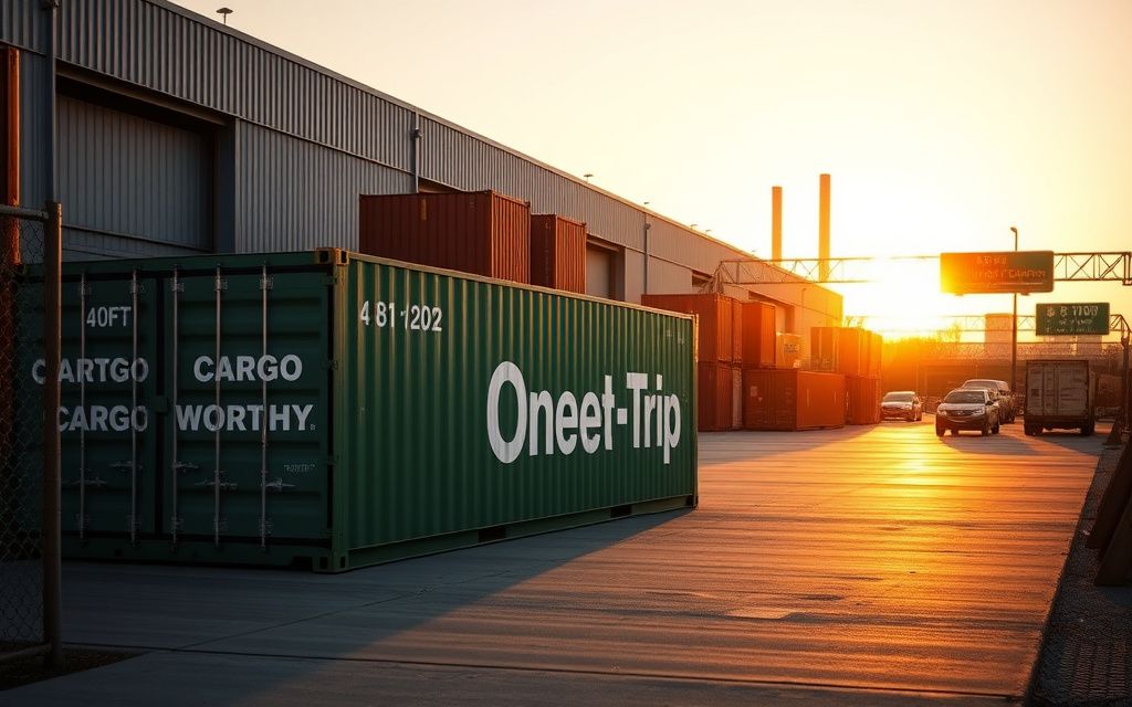 Industrial shipping containers at Stoney Creek QEW fabrication yard with ArcelorMittal Dofasco smokestacks visible - Van Blanc Brantford delivery