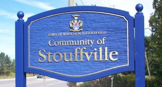 Whitchurch-Stouffville welcome sign; Van Blanc delivers shipping containers to Stouffville farms and contractors.