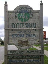 Tottenham, Ontario town sign in New Tecumseth; Van Blanc delivers sea cans to Tottenham properties and job sites.