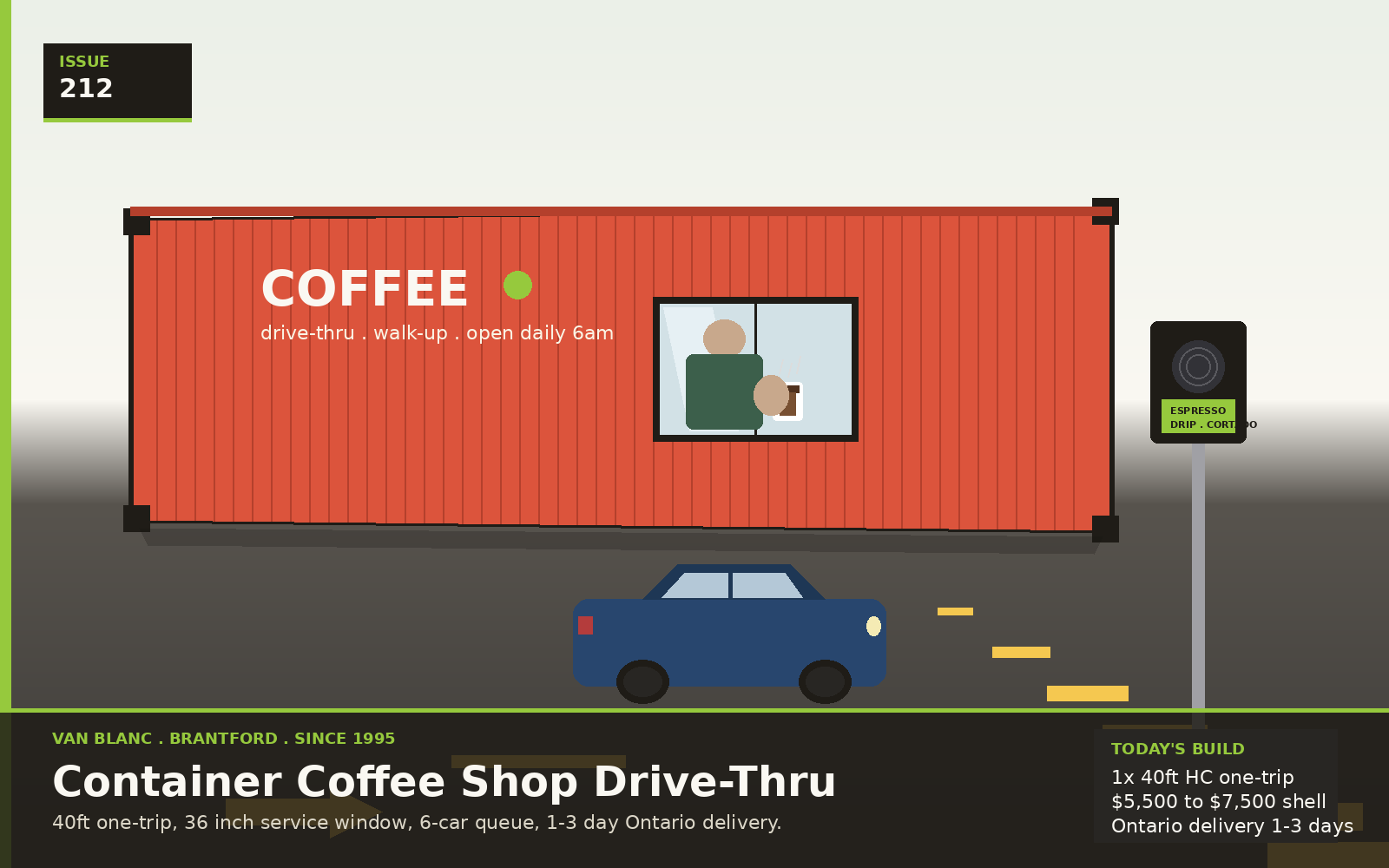 Container coffee shop with drive-thru service window and parked car - Van Blanc Brantford