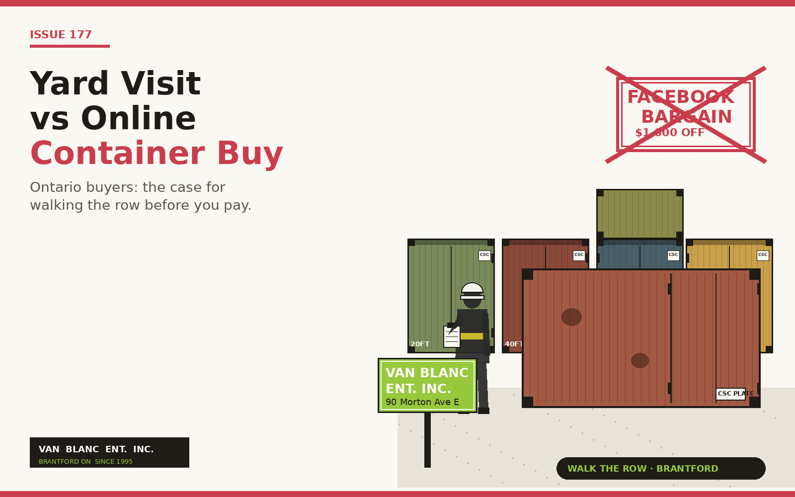Container yard visit vs online buying Ontario: Brantford row of containers with buyer-inspector silhouette and Facebook-bargain scam stamp crossed out