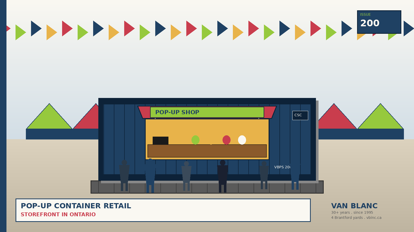 Pop-Up Container Retail Storefront Ontario - branded 20ft container with rolled-up serving window, retail signage, sidewalk shoppers, portable platform at seasonal market