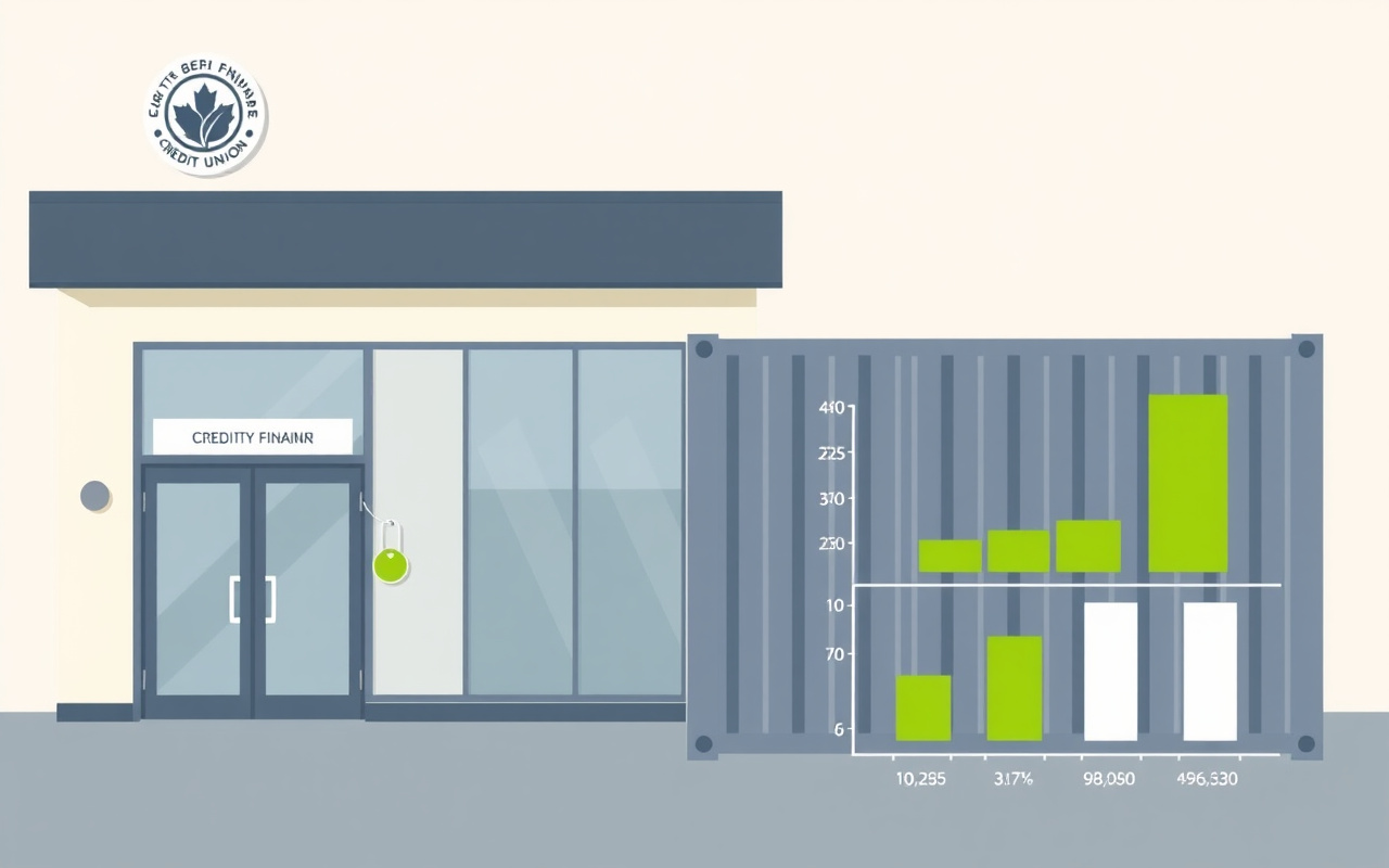 Credit union storefront, shipping container with financing tag, rate comparison chart - Van Blanc Brantford