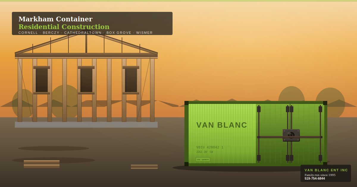Markham residential subdivision with custom home rough framing in background and 20ft Van Blanc green shipping container with welded lock-box and door bar in foreground - Issue 420 - Van Blanc Brantford