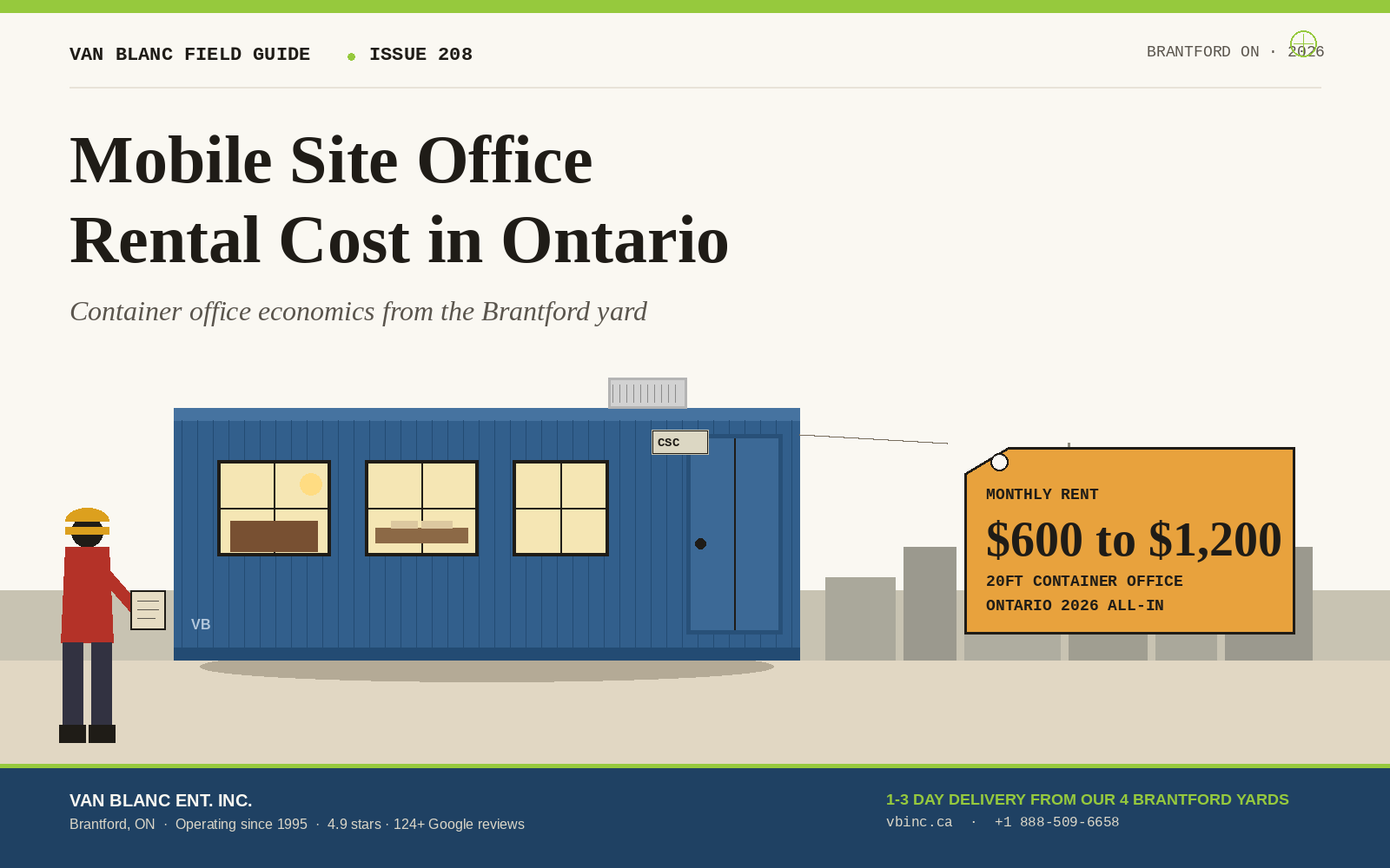 Mobile construction site office rental cost Ontario, 20ft container office with foreman, plan table, portable AC, and $600-$1,200/mo price tag on a Brantford jobsite, Van Blanc Brantford