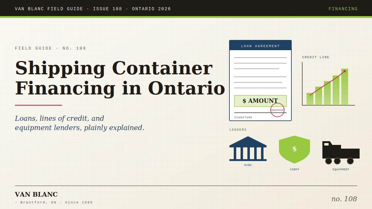 Shipping container financing in Ontario field guide cover, Van Blanc Brantford Issue 108