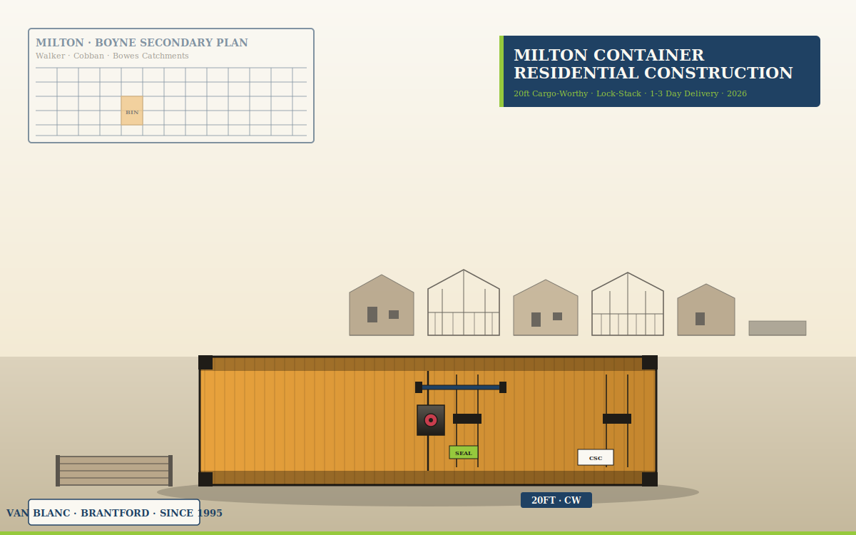 Milton subdivision lot with 20ft cargo-worthy container and welded lockbox during residential construction