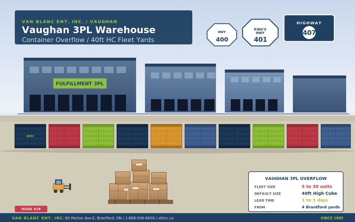 Vaughan 3PL warehouse cluster with row of 10 40ft High Cube containers and 407 highway sign - Van Blanc Brantford