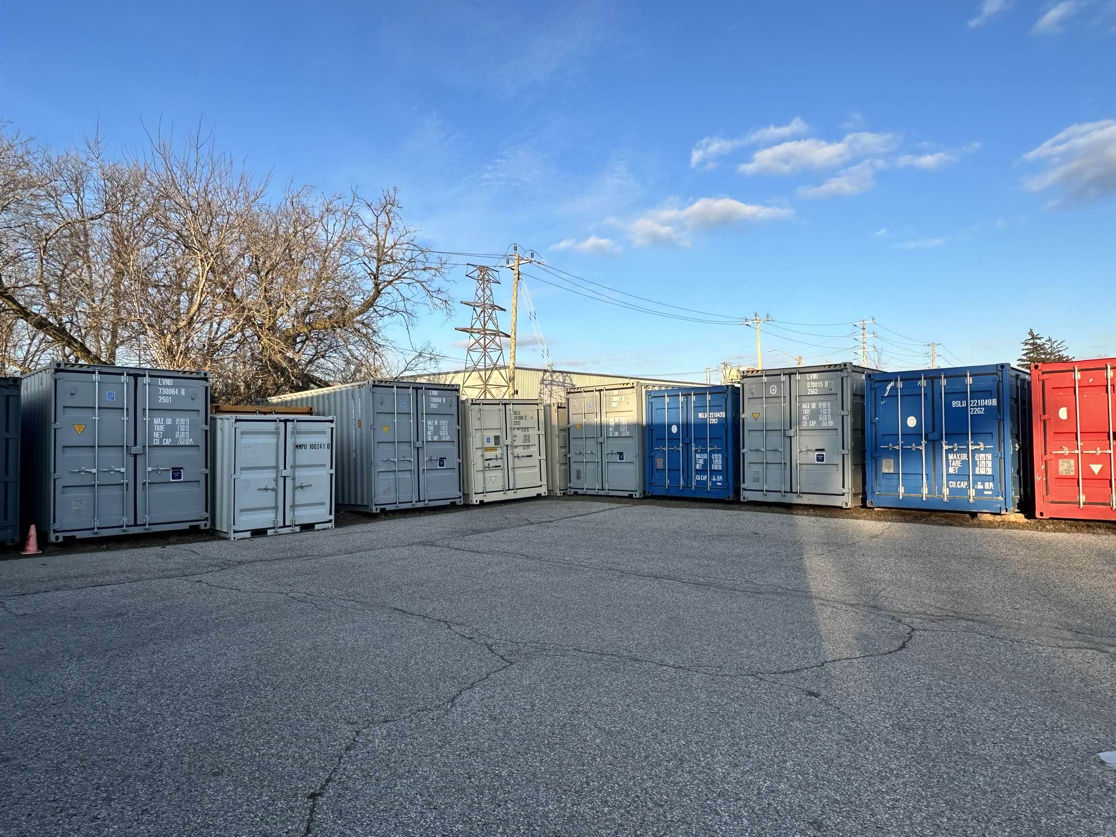 Rows of shipping containers at the Van Blanc yard, 90 Morton Avenue East, Brantford