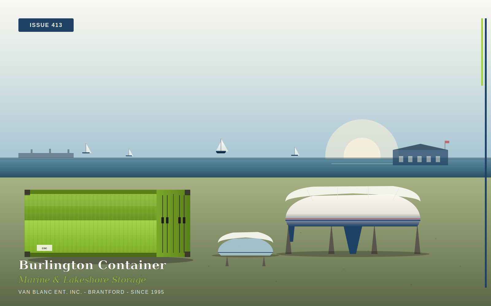 Lake Ontario shoreline at LaSalle Park with sailboats on jackstands, shrink-wrapped hulls, and a marine-paint shipping container - Van Blanc Brantford