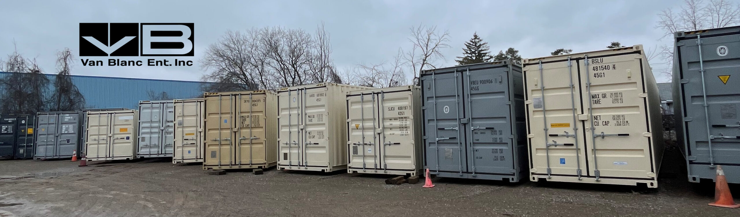 Stack of 40 ft shipping containers in the Van Blanc Brantford yard