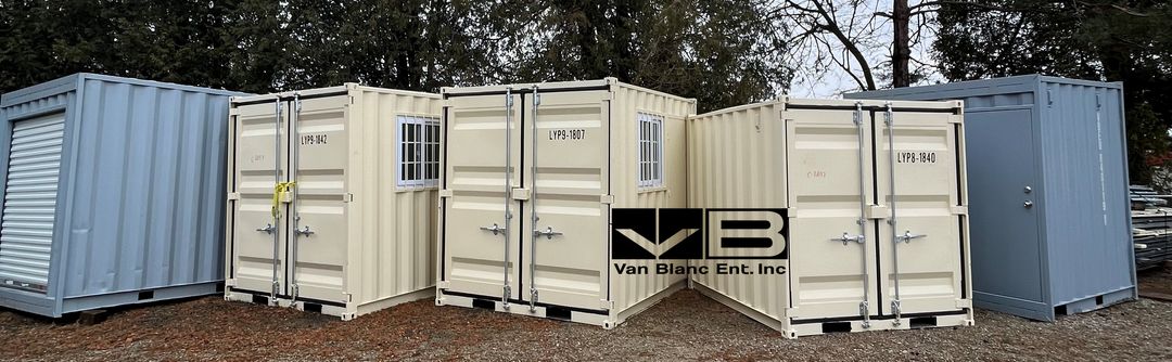 Shipping container inventory rows at the Van Blanc Brantford yard ready for rental or purchase