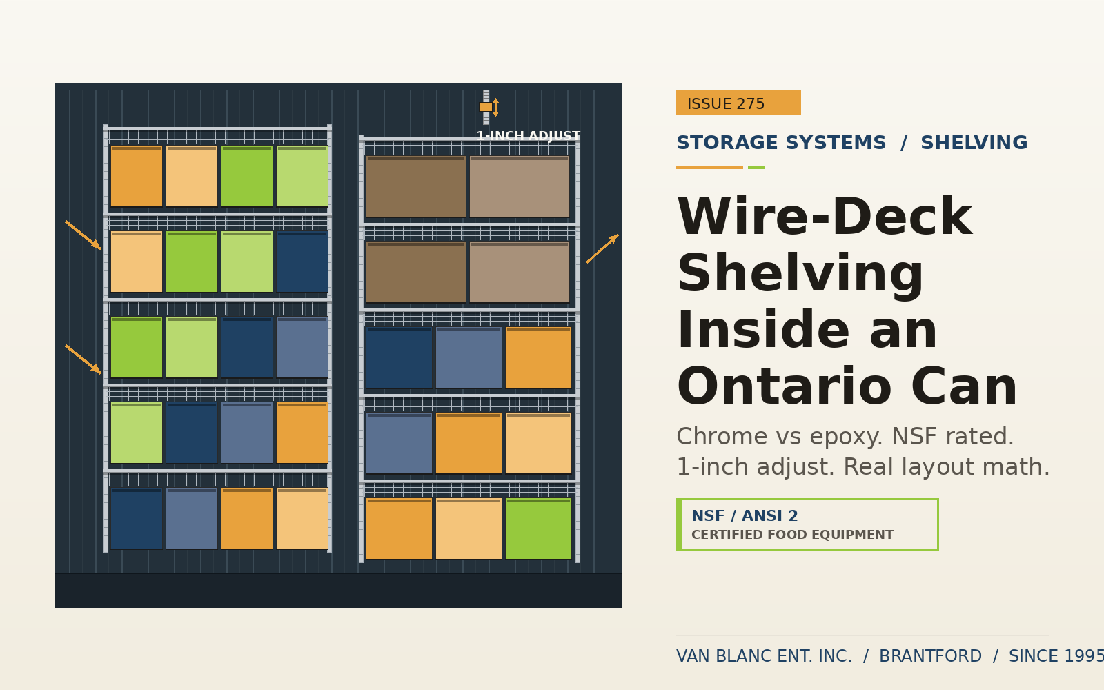 Wire deck shelving inside a Van Blanc shipping container - chrome adjustable units with open parts bins and airflow - Brantford