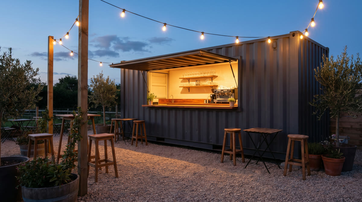 Converted shipping container cafe bar with fold-up serving window on an evening patio