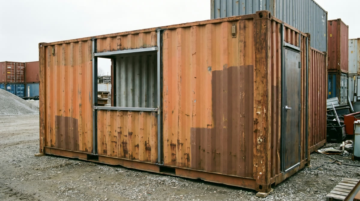 Used shipping container mid-modification with a framed window opening in an Ontario yard