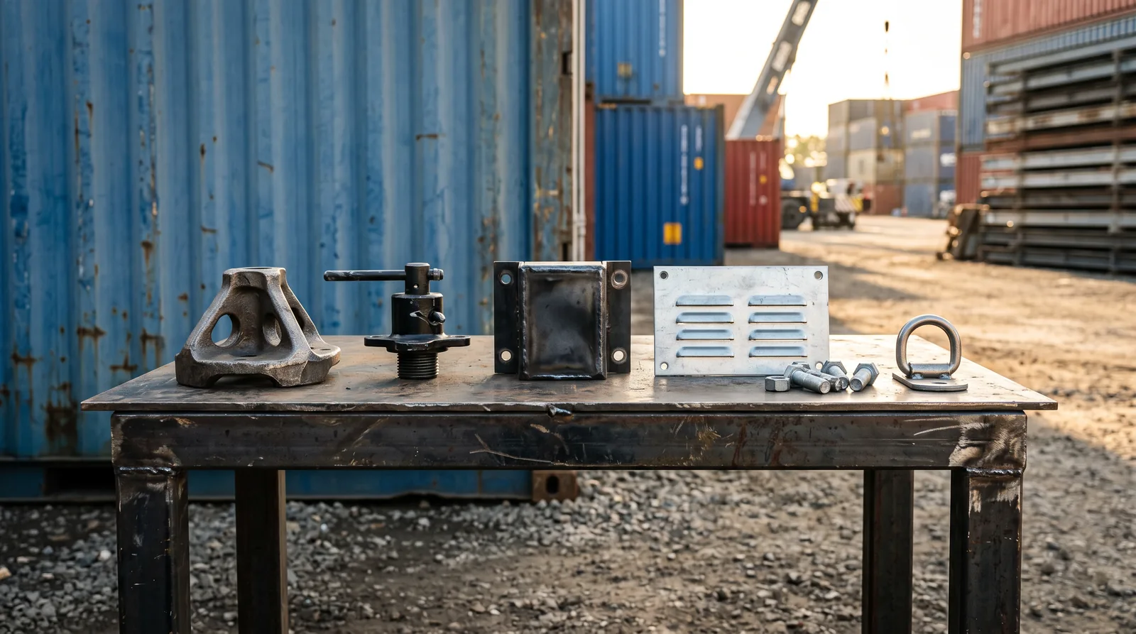 Shipping container accessories on a steel workbench at an Ontario container yard