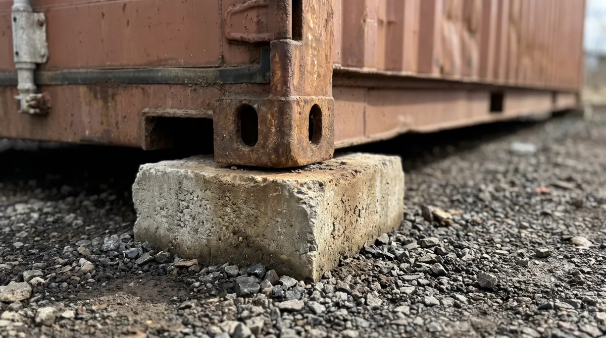 Shipping container corner casting seated on a concrete pier block over compacted gravel