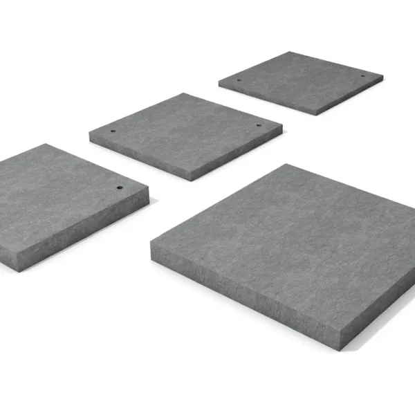 Four grey recycled-plastic shipping container corner pads, 40 by 40 by 5 cm