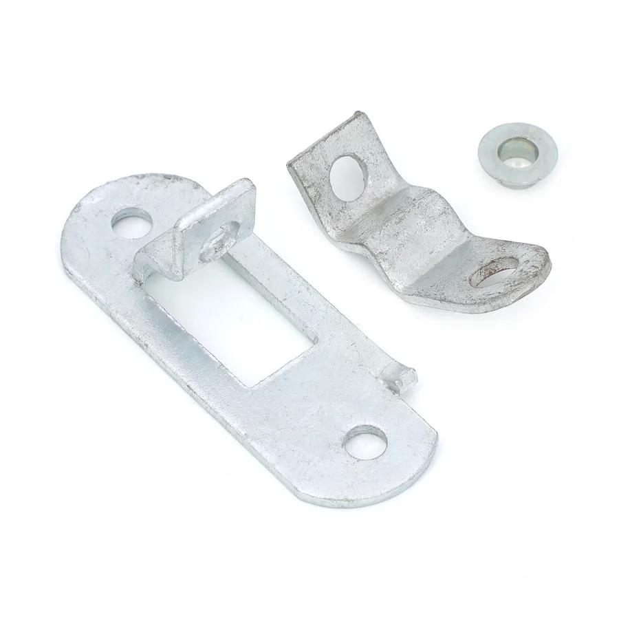 Shipping container door retainer set with catch, plate, and bush