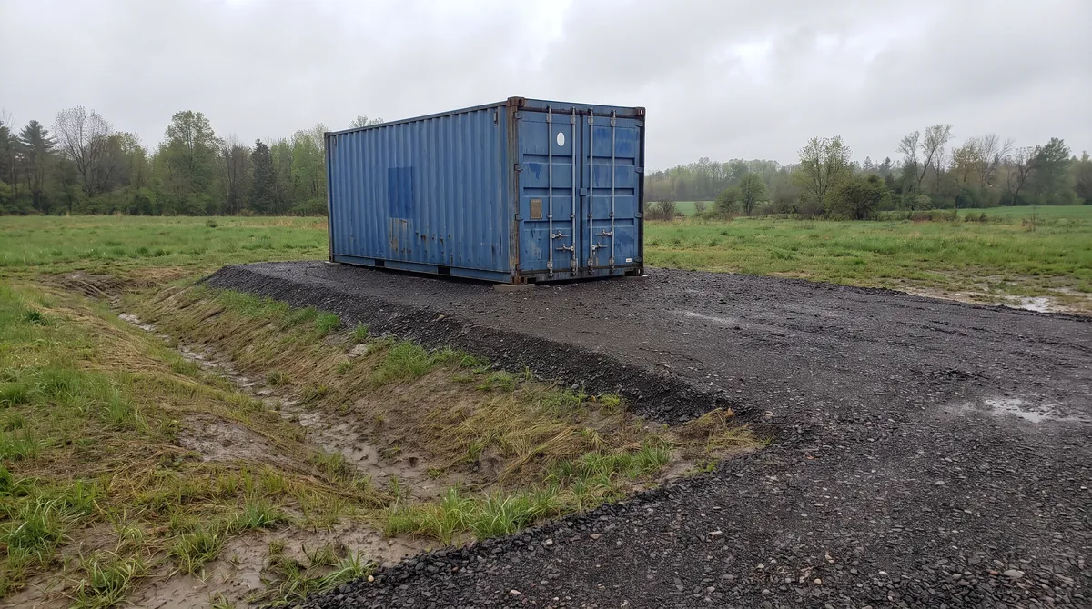 Raised gravel pad and graded apron shedding rainwater away from a shipping container