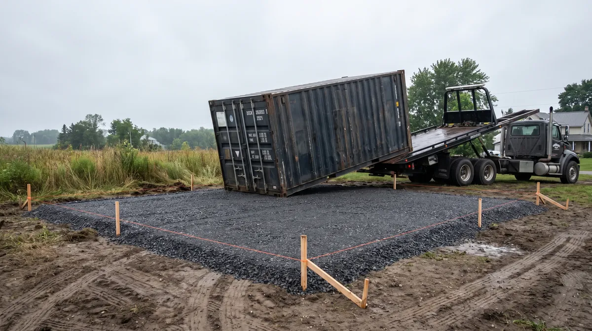 Tilt-deck truck setting a shipping container onto a staked, compacted gravel pad in rural Ontario