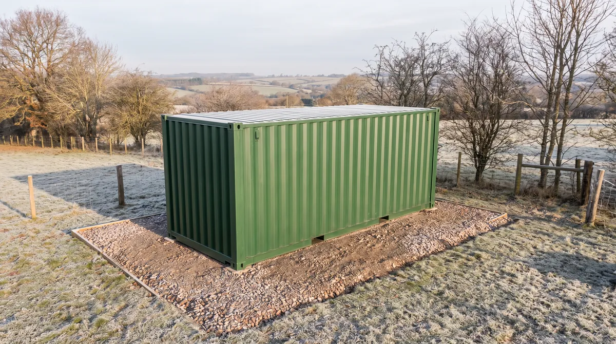 Crushed-stone pad holding a shipping container level through late-fall frost in Ontario