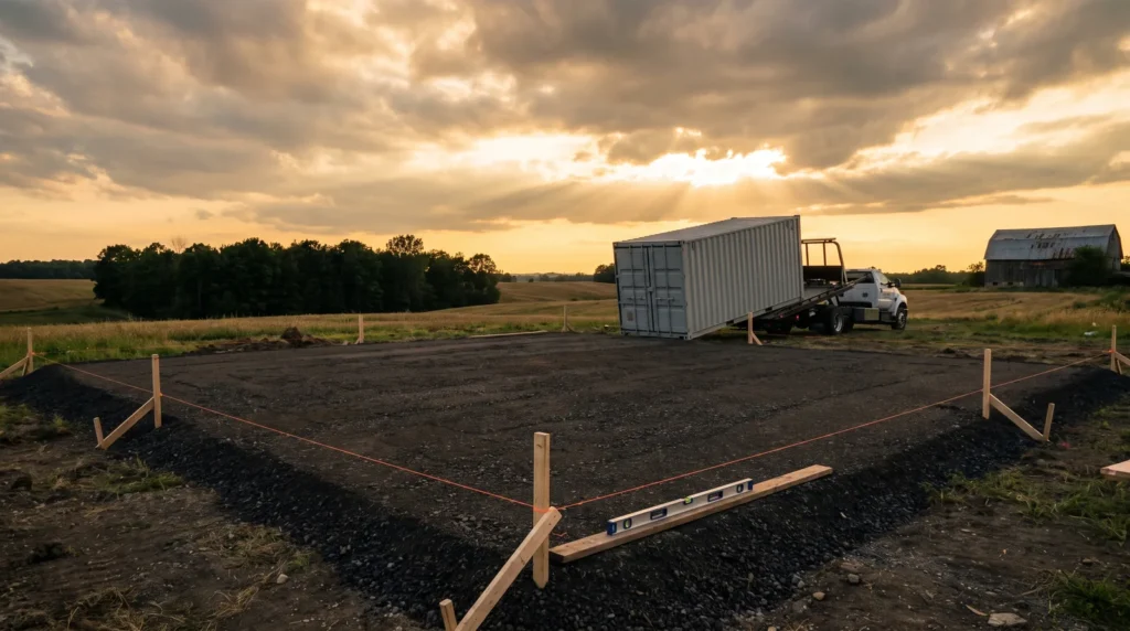 Compacted gravel container pad staked and levelled at golden hour, container arriving on a tilt-deck behind