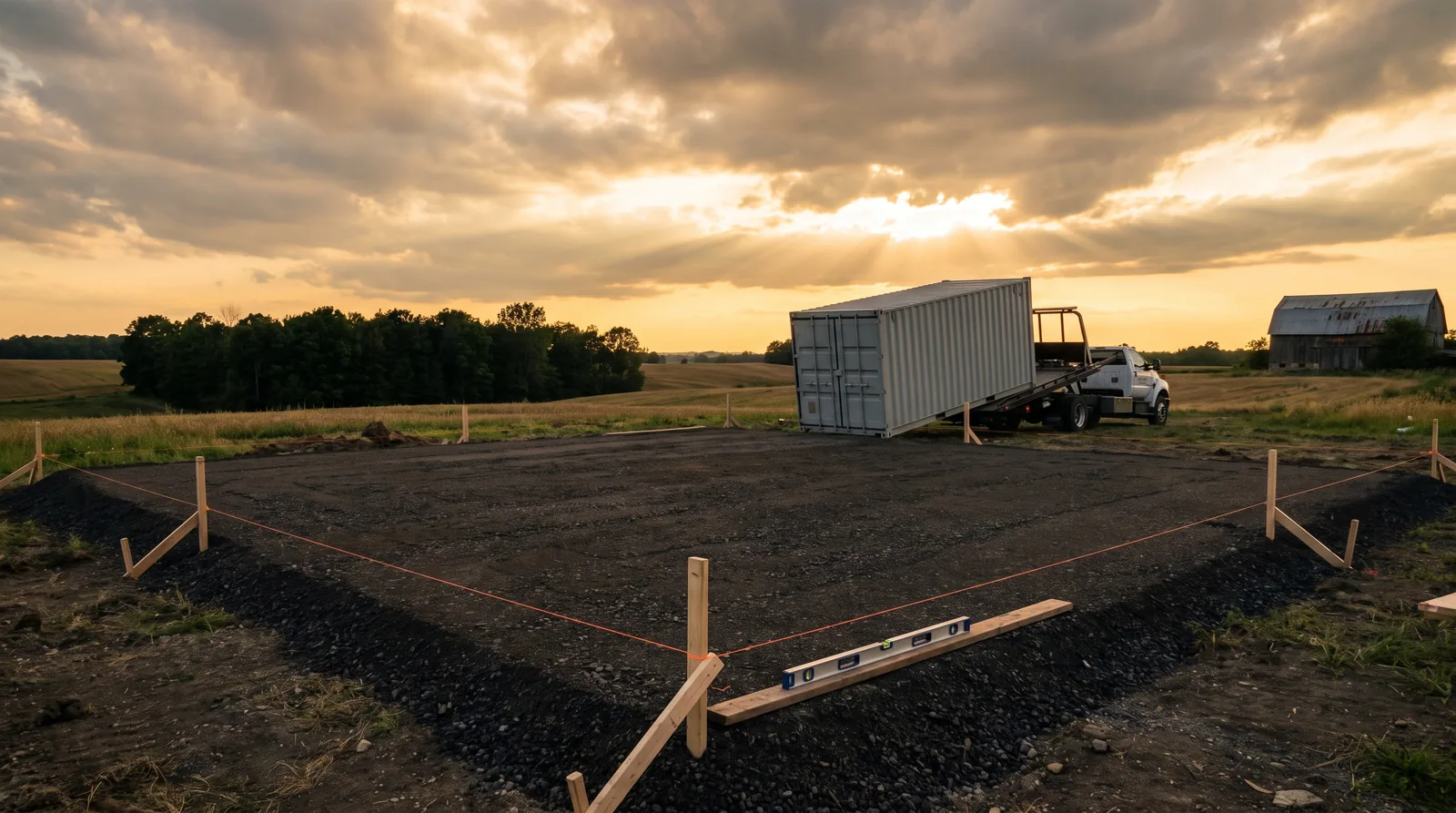 Compacted gravel container pad staked and levelled at golden hour, container arriving on a tilt-deck behind