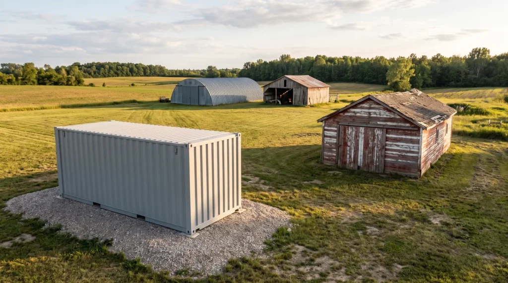 Shipping container on a gravel pad beside a wooden shed, quonset hut, and pole barn on one Ontario property