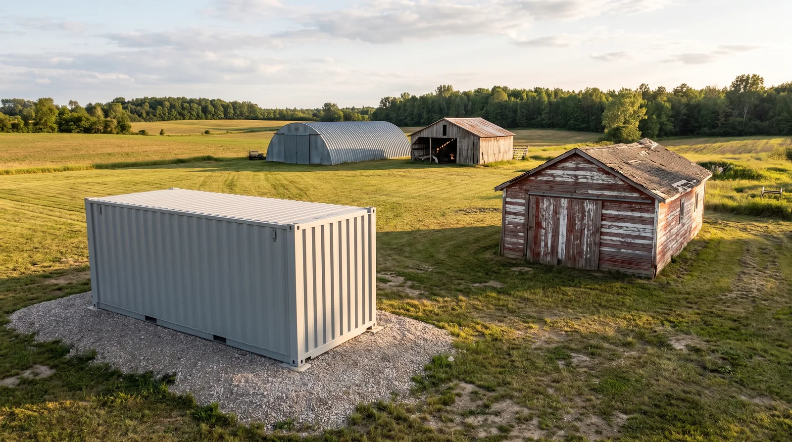Shipping container on a gravel pad beside a wooden shed, quonset hut, and pole barn on one Ontario property