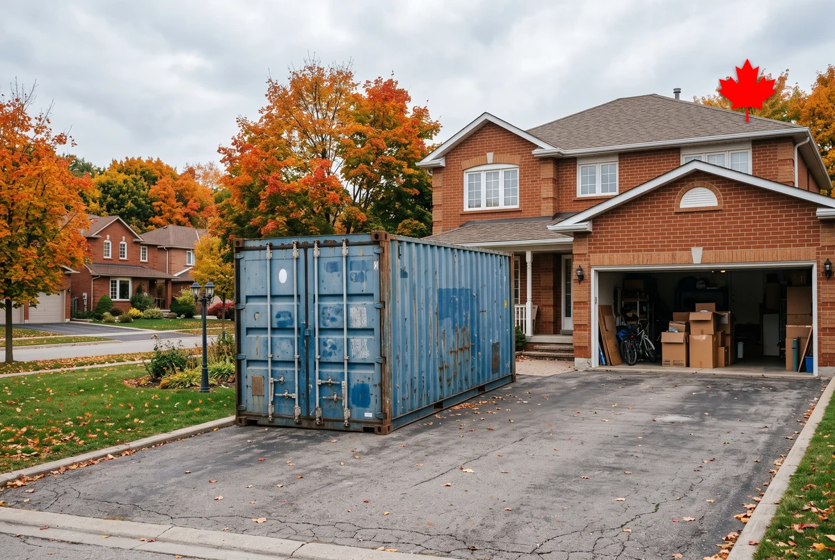 Blue 20ft sea can parked on a suburban driveway during a fall move