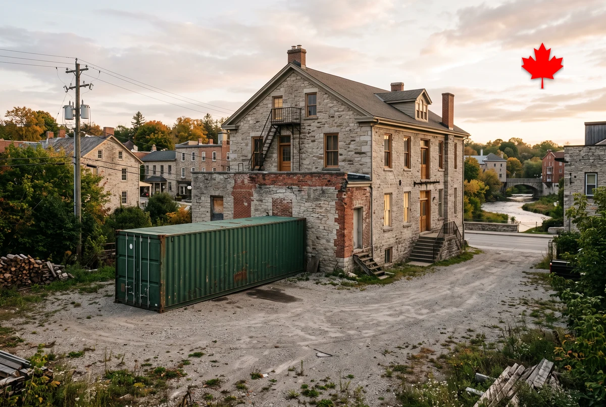 Green 40ft container on gravel behind a limestone mill building